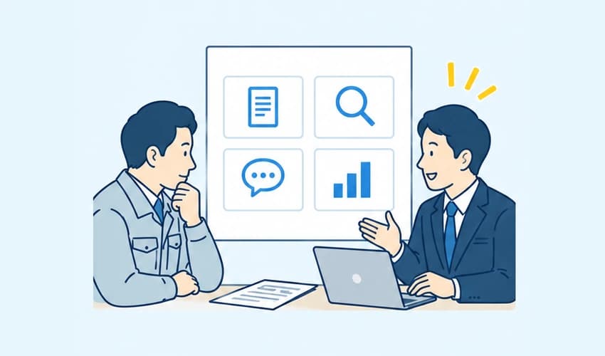 製造業の担当者が相談員から、文書整理や情報検索などAIでできることの説明を受けているイラスト