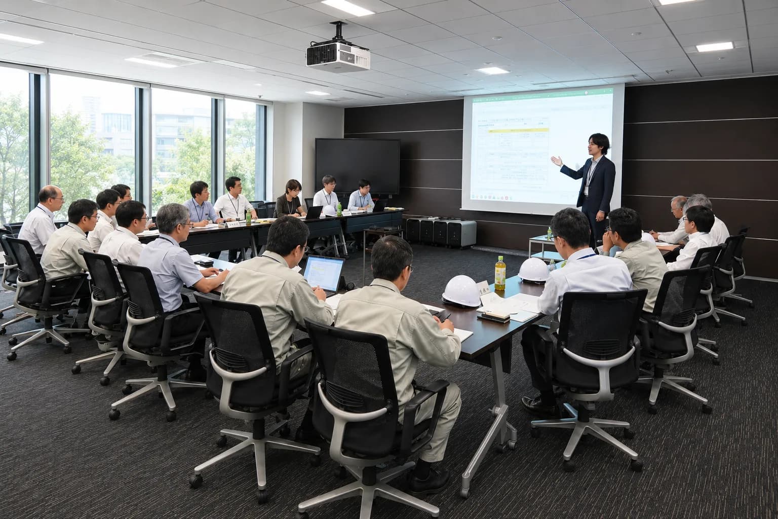 企業の会議室で社員向けの研修・セミナーが行われている様子